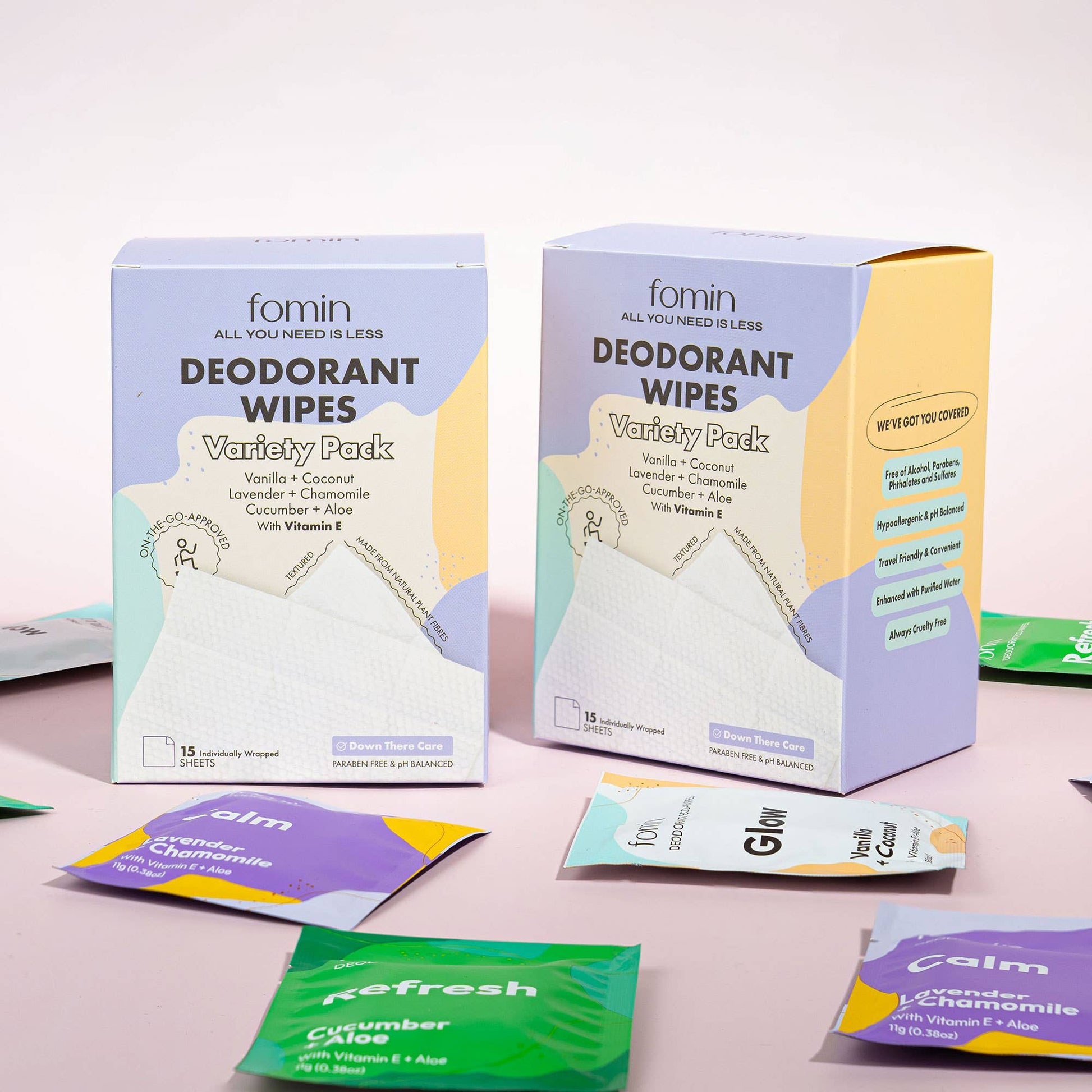 Individually wrapped deodorant wipes infused with soothing aloe and Vitamin E