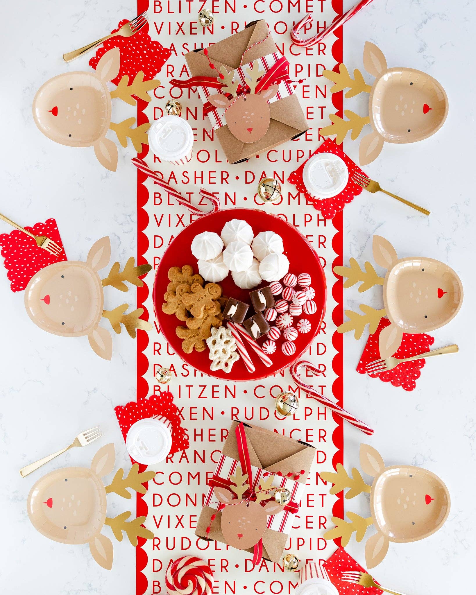 Reindeer-shaped party plates with gold foil accents, 8 festive plates for Christmas treats