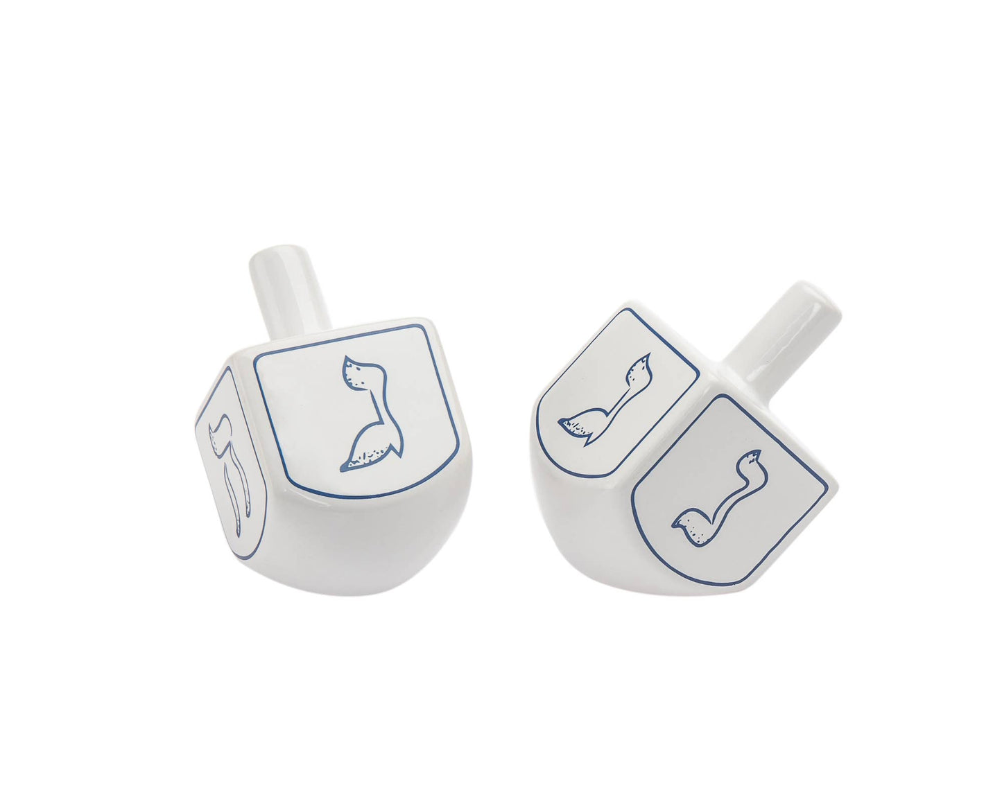 Whimsical Salt and Pepper Dreidel Box designed for Hanukkah celebrations. Features two compartments for seasoning storage in a dreidel shape. A playful, functional addition to your table. Dimensions: 2.17" diameter x 3.78" height.