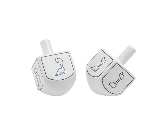 Whimsical Salt and Pepper Dreidel Box designed for Hanukkah celebrations. Features two compartments for seasoning storage in a dreidel shape. A playful, functional addition to your table. Dimensions: 2.17" diameter x 3.78" height.