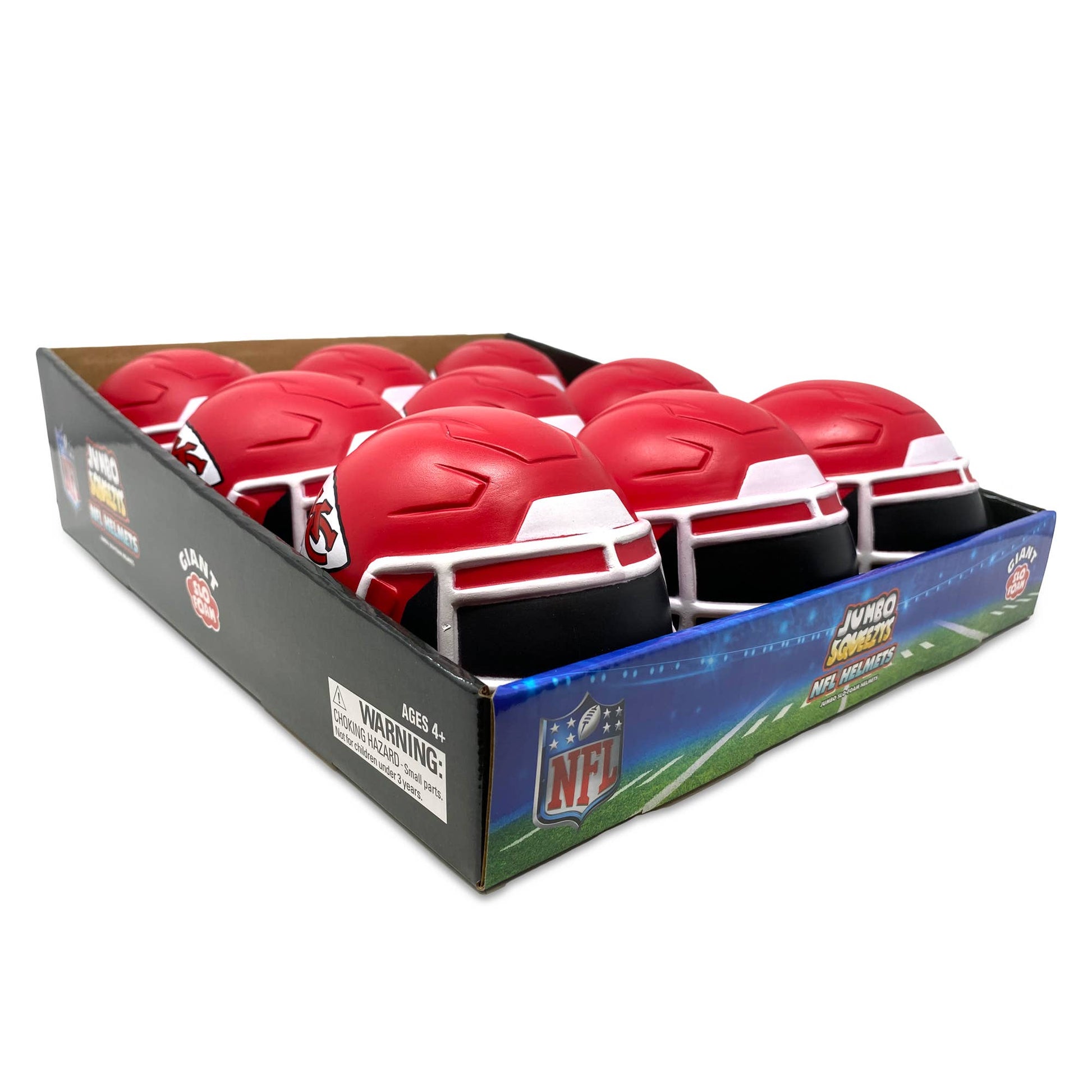 Super soft 4" slow-rising jumbo foam NFL helmet squeezies, sold in a 9-unit display, perfect for stress relief and fans.