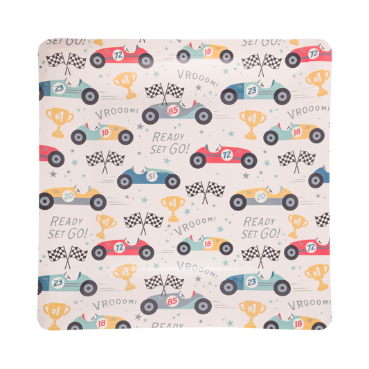 Race Car Pattern Plates – 8 pack, 9x9 inches, perfect for kids' racing-themed birthday parties.