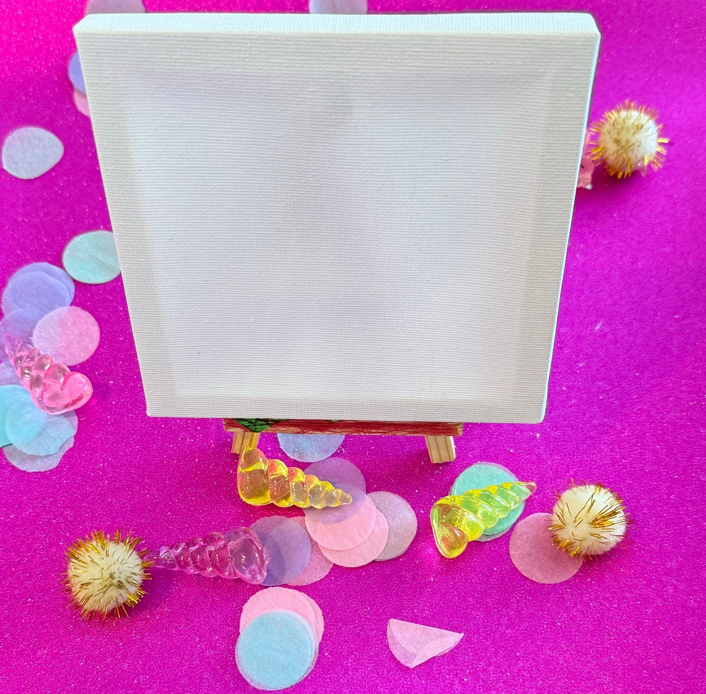 Trolls-themed painting set for kids, perfect for birthday activities and art classes. Each kit includes a canvas with peel-off stickers, wooden easel, paints, and brush. Ideal for toddlers and preschoolers, it can be upgraded with a colorful rainbow confetti easel. Great for indoor activities, sleepovers, baby showers, and more. Custom themes available.