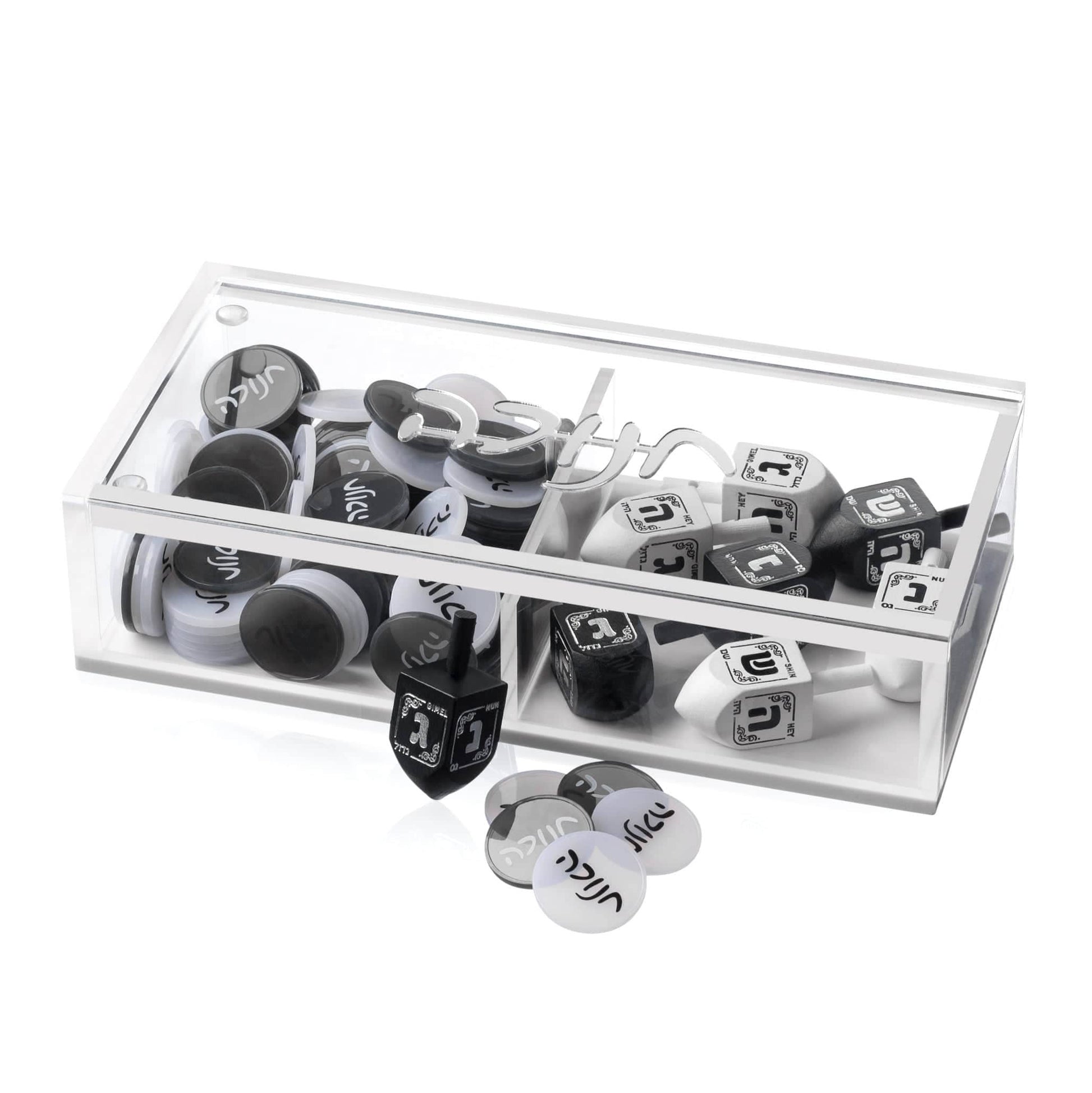 Luxury Lucite Dreidel Game with 3D mirrored Chanukah details, Lucite coins, and wooden dreidels.