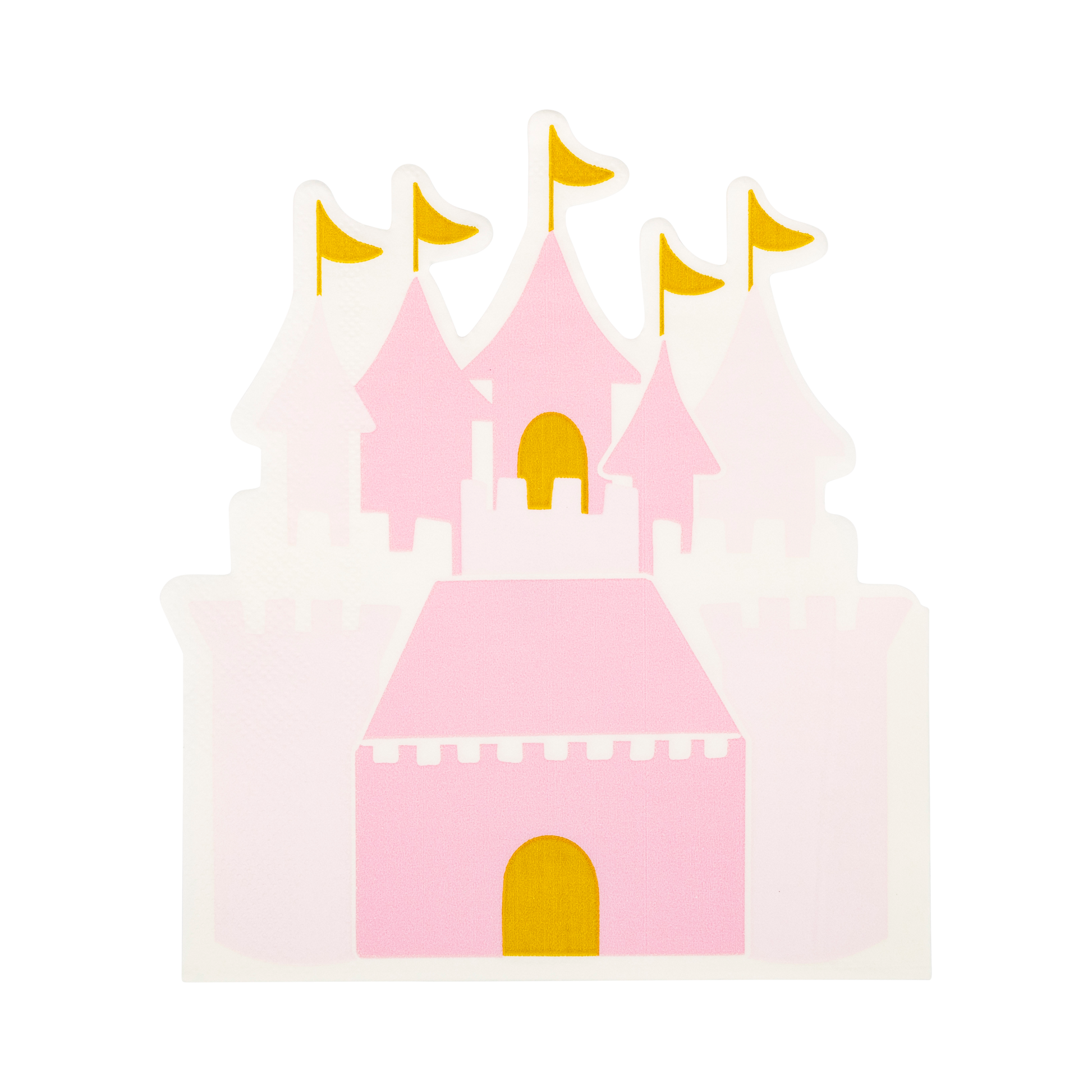 Princess castle-shaped guest napkins, measuring 6" x 7", featuring gold foil accents. Perfect for adding elegance and fun to any royal-themed event or party.