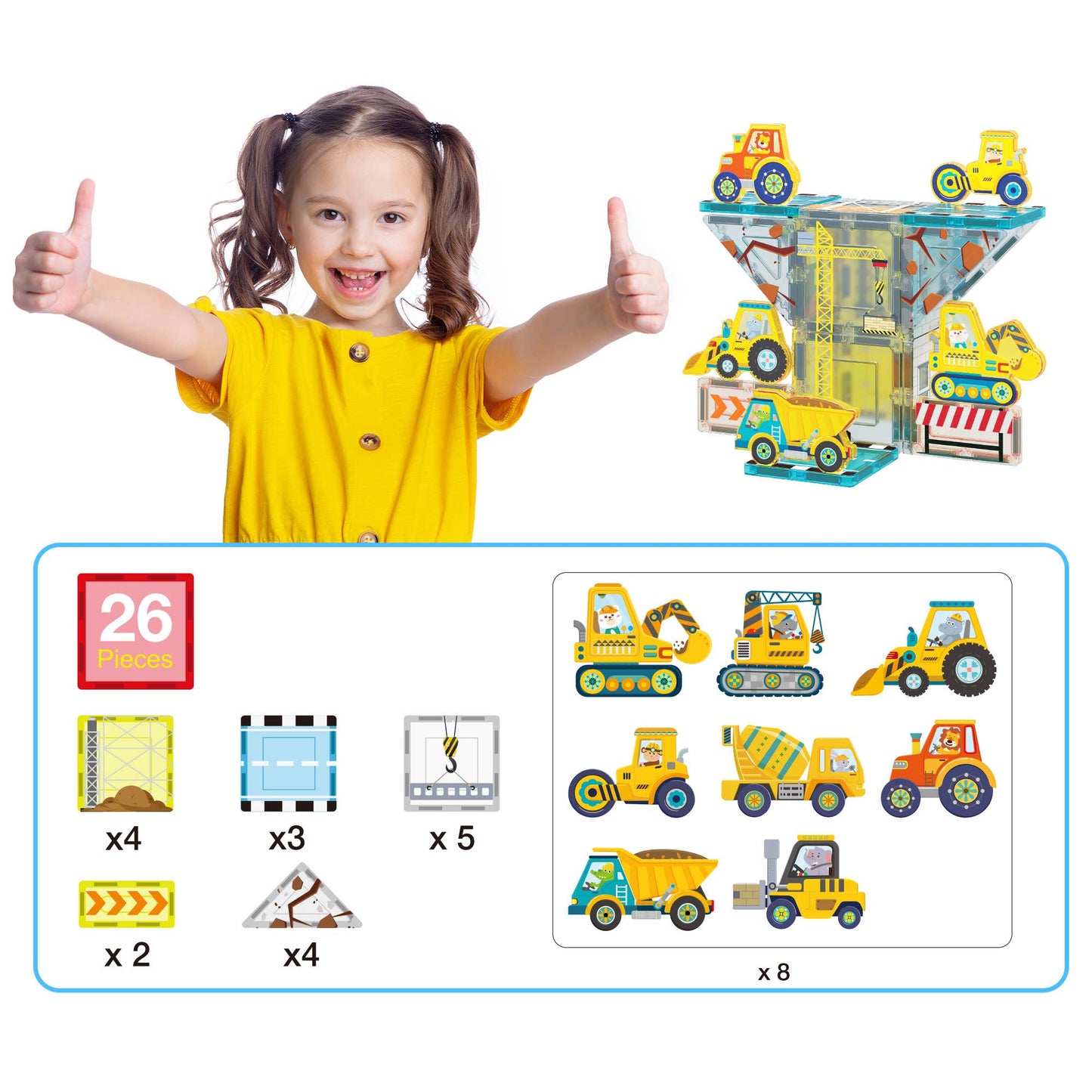 Kids magnetic construction vehicles and play tiles