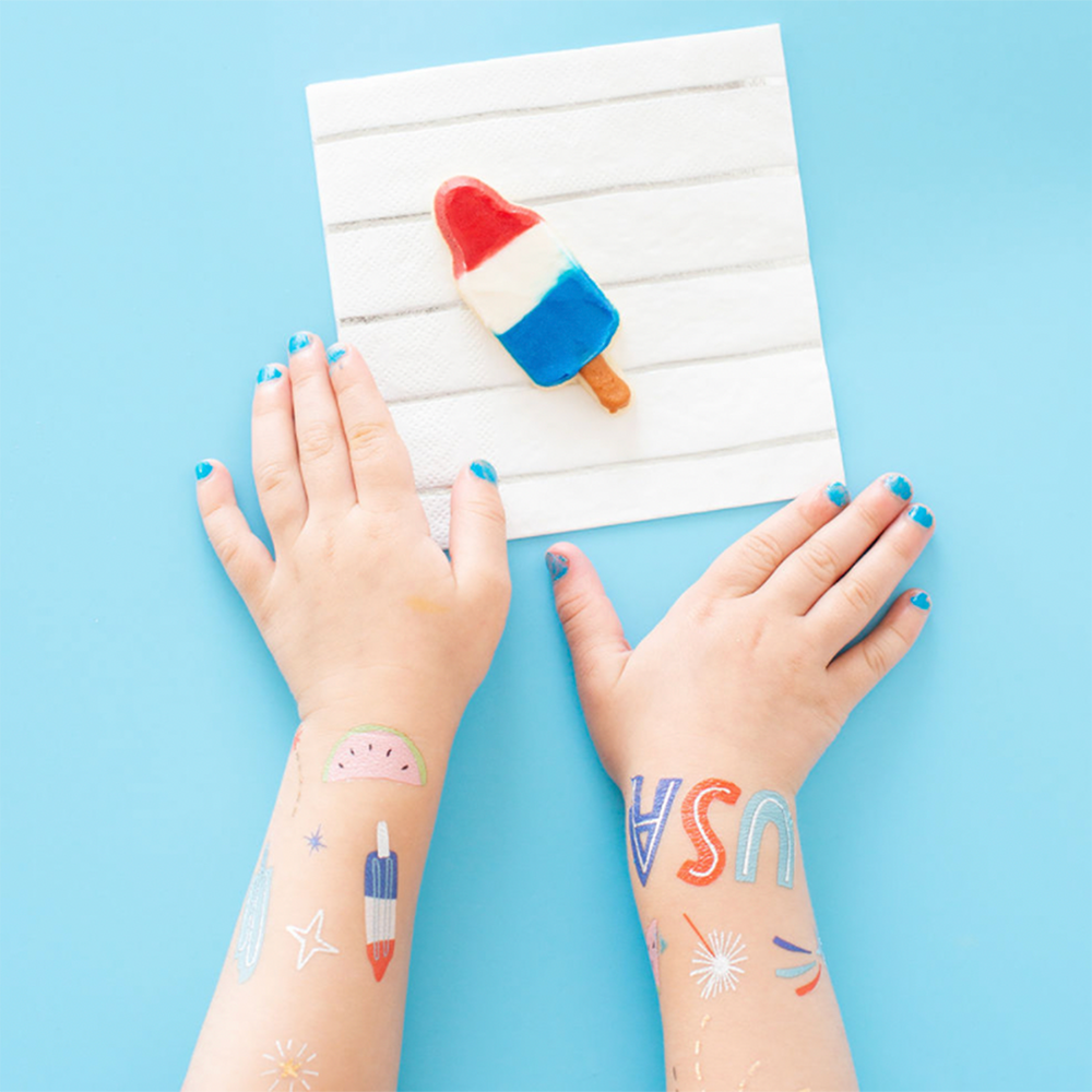Patriotic party tattoos with silver and gold accents for the perfect Independence Day celebration.