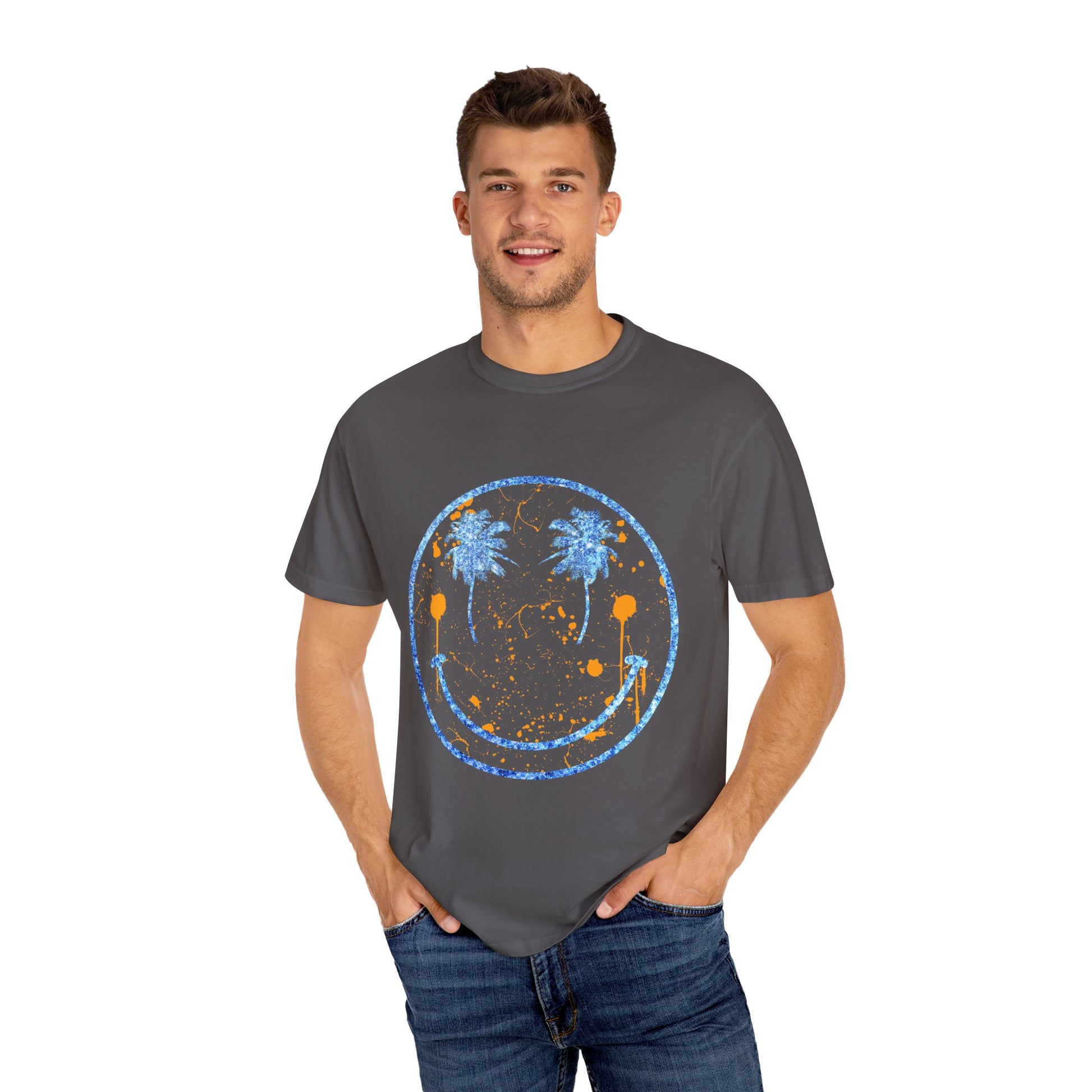 "Embrace summer vibes with our 90s Aesthetic Happy Face Paint Splatter Shirt, featuring a nostalgic design with palm tree eyes. This trendy unisex cotton tee is perfect for beach days, music festivals, and pool parties. Made from soft-washed ring-spun cotton, it offers a comfortable and relaxed fit, ideal for all-day wear. Get ready to shine in this retro-inspired shirt, designed for men, women, and teens!
