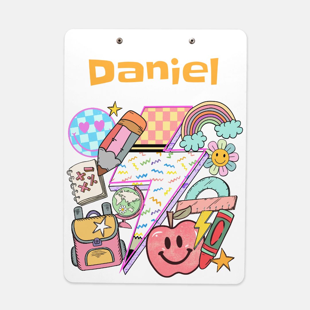 Personalized Custom Clipboard for Third Graders, featuring a cheerful design and available in various colors. Perfect as a back-to-school gift, this clipboard is ideal for organizing documents, homework assignments, and notes. It makes a great gift for teachers and teaching assistants, combining functionality with fun schoolhouse art. Customize it with your child's name for a unique touch!