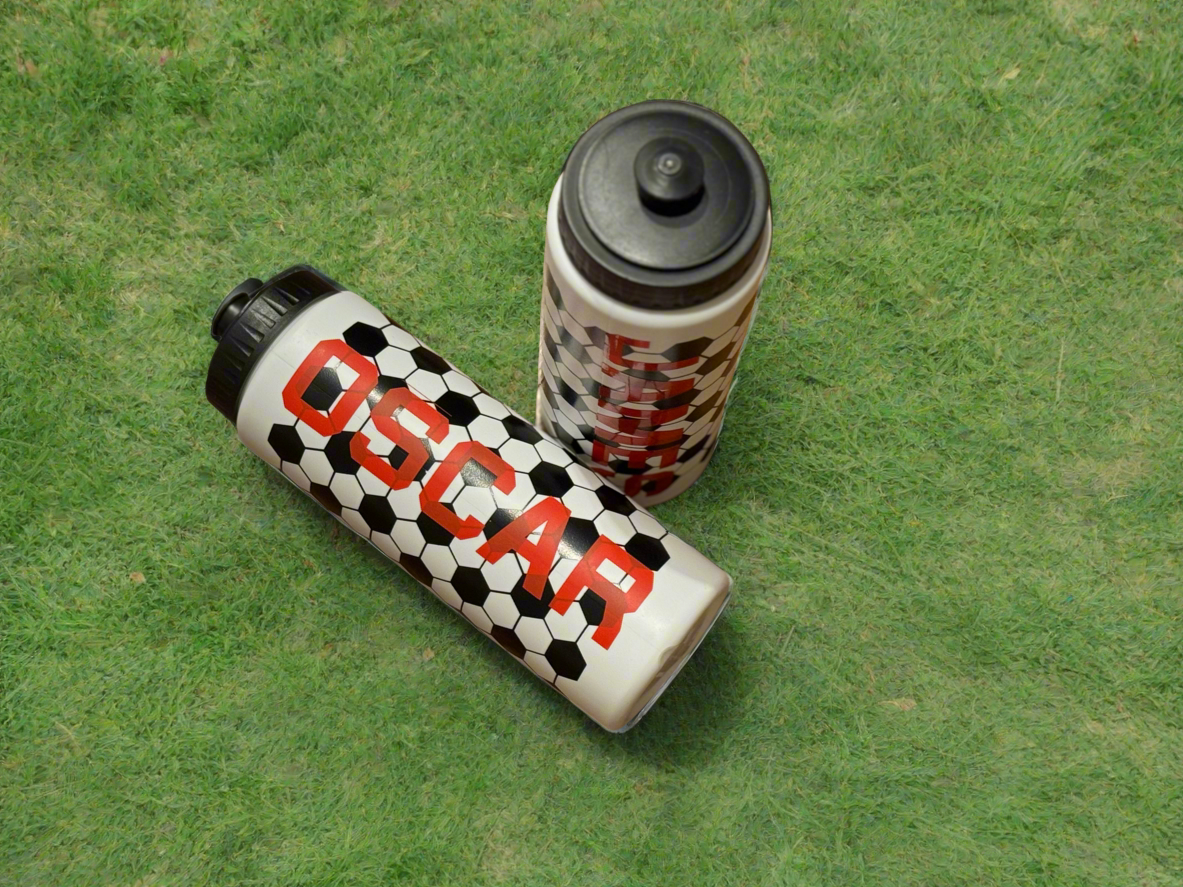 Custom sports water bottles designed for kids featuring a personalized soccer theme, available in various colors and fonts. Made from durable HDPE material, 20 oz capacity, pull-top cap for easy hydration, perfect for sports enthusiasts and active kids.