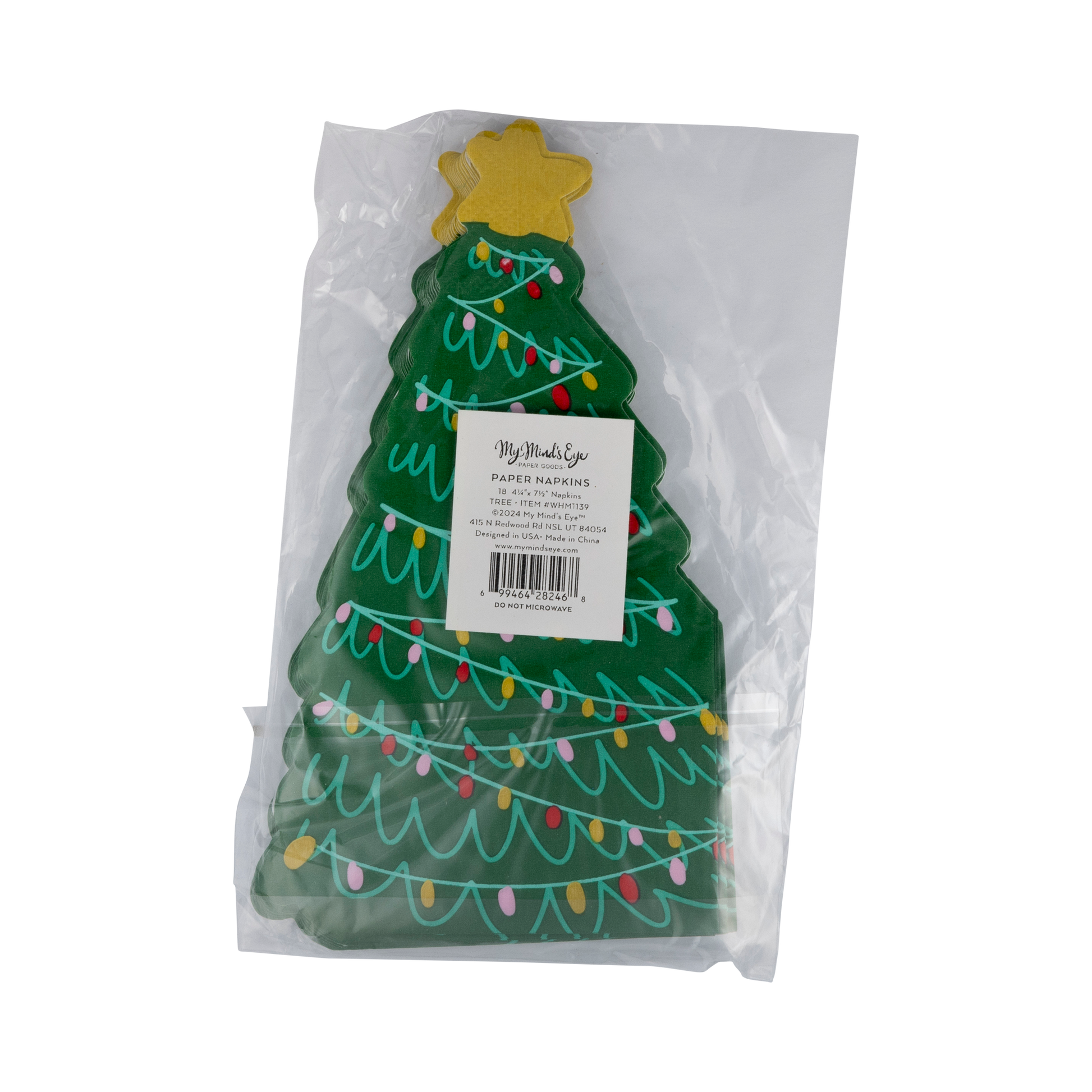 Whimsical tree-shaped Christmas dinner napkins with gold foil accents, perfect for festive holiday parties and table settings.