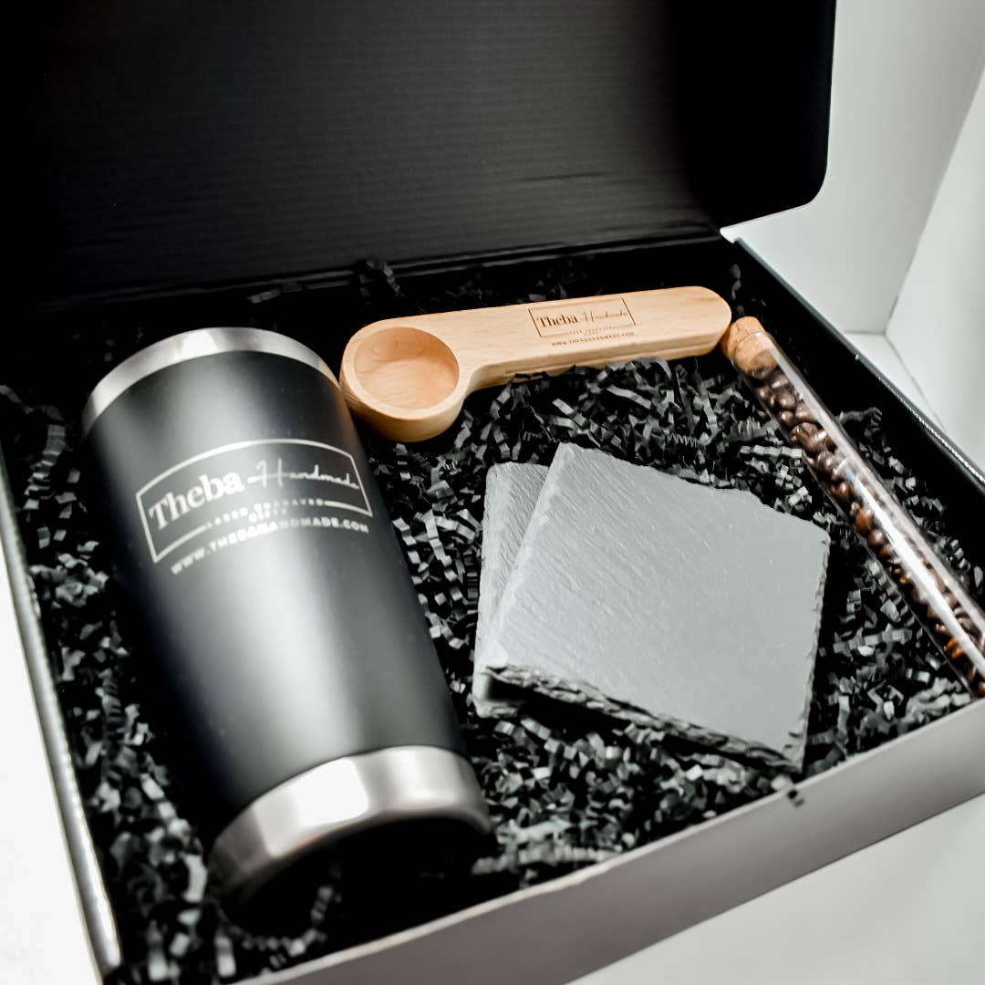Black engraved steel tumbler in coffee gift set