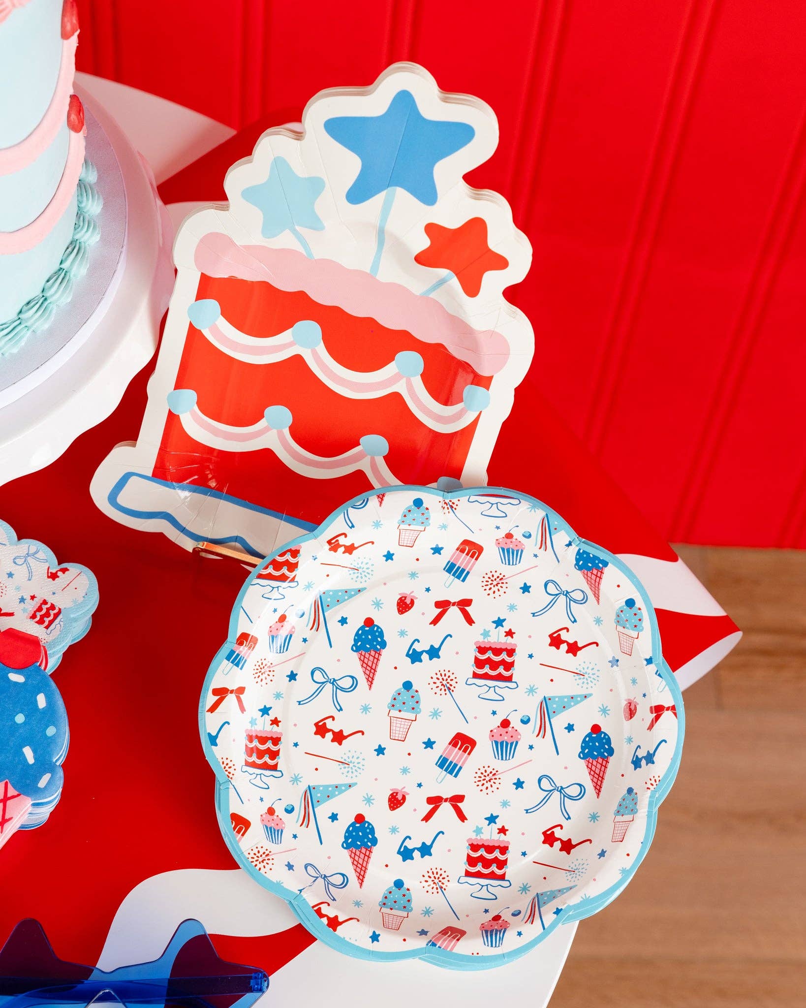 Red, white, and blue cake plates for Memorial Day or summer birthdays.