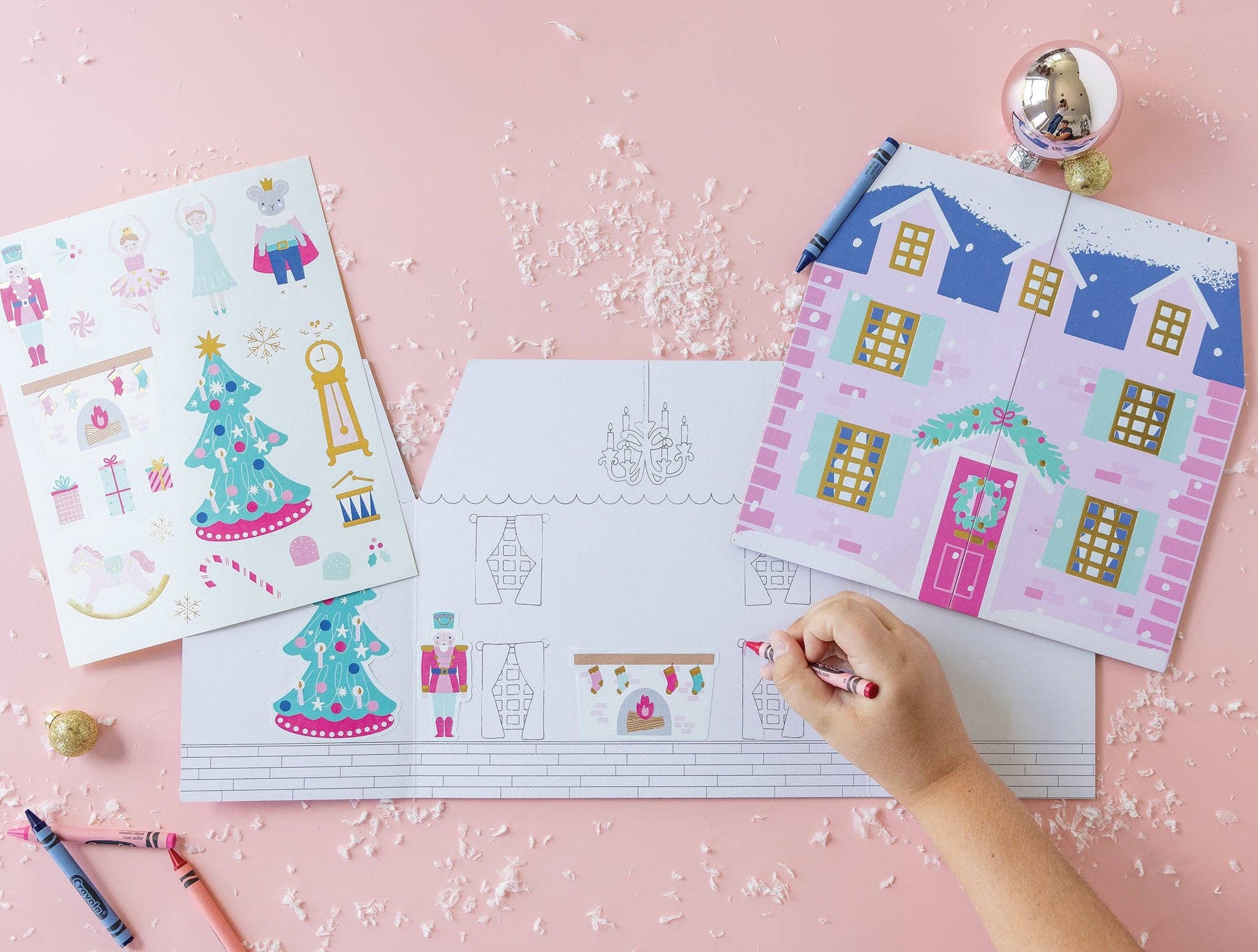 Nutcracker Sticker and Coloring Activity Kit for kids, featuring a nutcracker-themed sticker sheet and 20" x 10" house background for festive crafting and holiday fun.