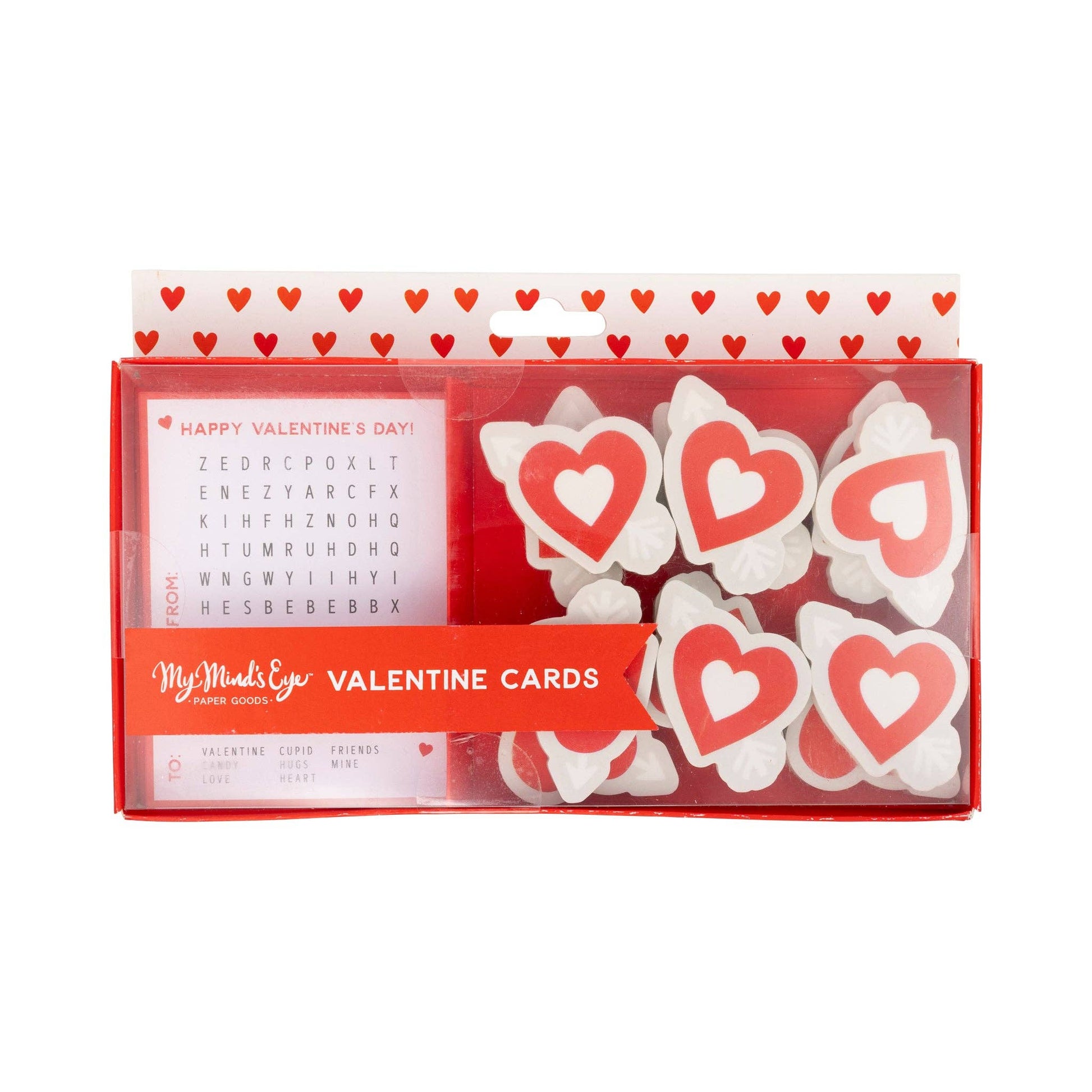 Word search Valentine cards with erasers for kids