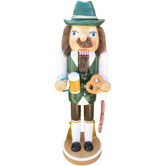 13-inch German nutcracker holding beer, pretzel, and bratwurst
