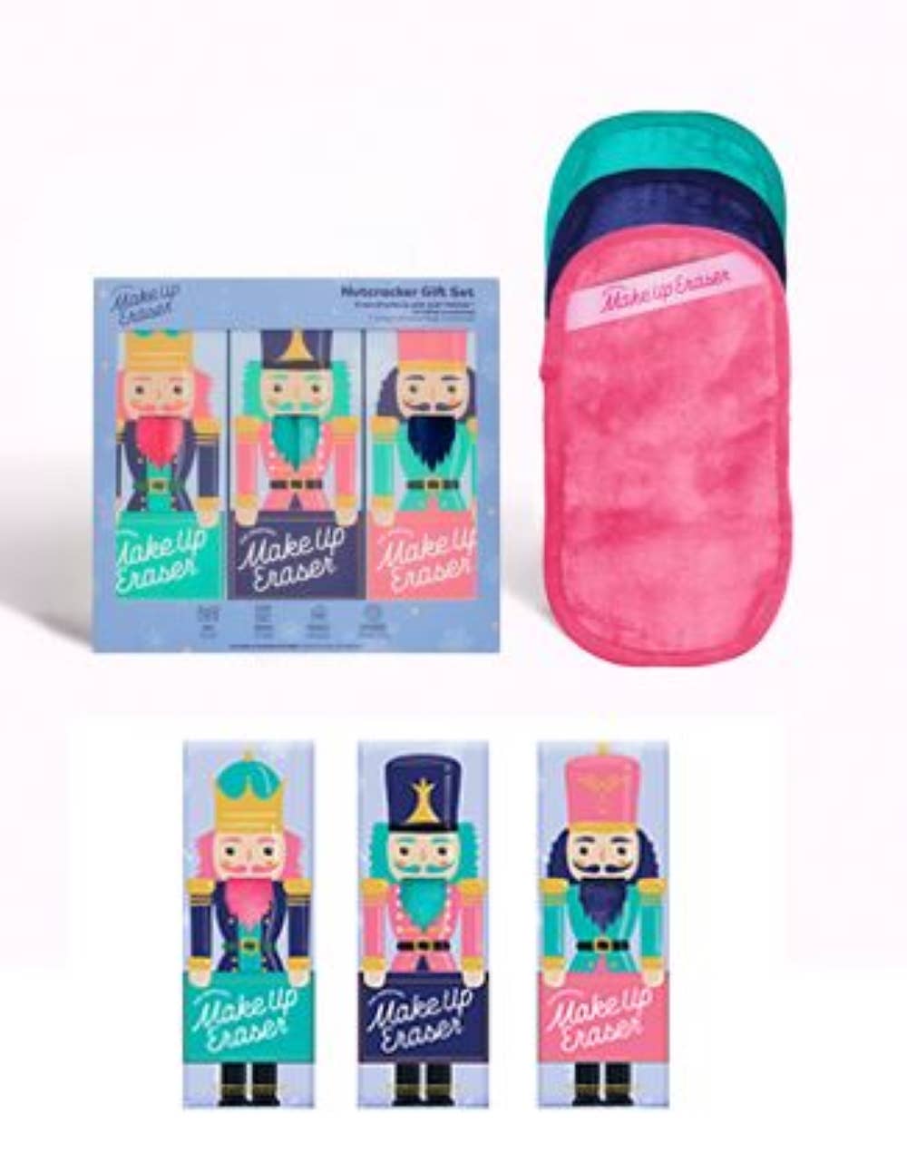 Nutcracker Gift Set by Makeup Eraser, featuring three colorful nutcracker-themed packaging designs. Includes reusable pink and teal makeup remover cloths with a soft, plush texture. Perfect for the holiday season, skincare gifts, or sustainable beauty enthusiasts.