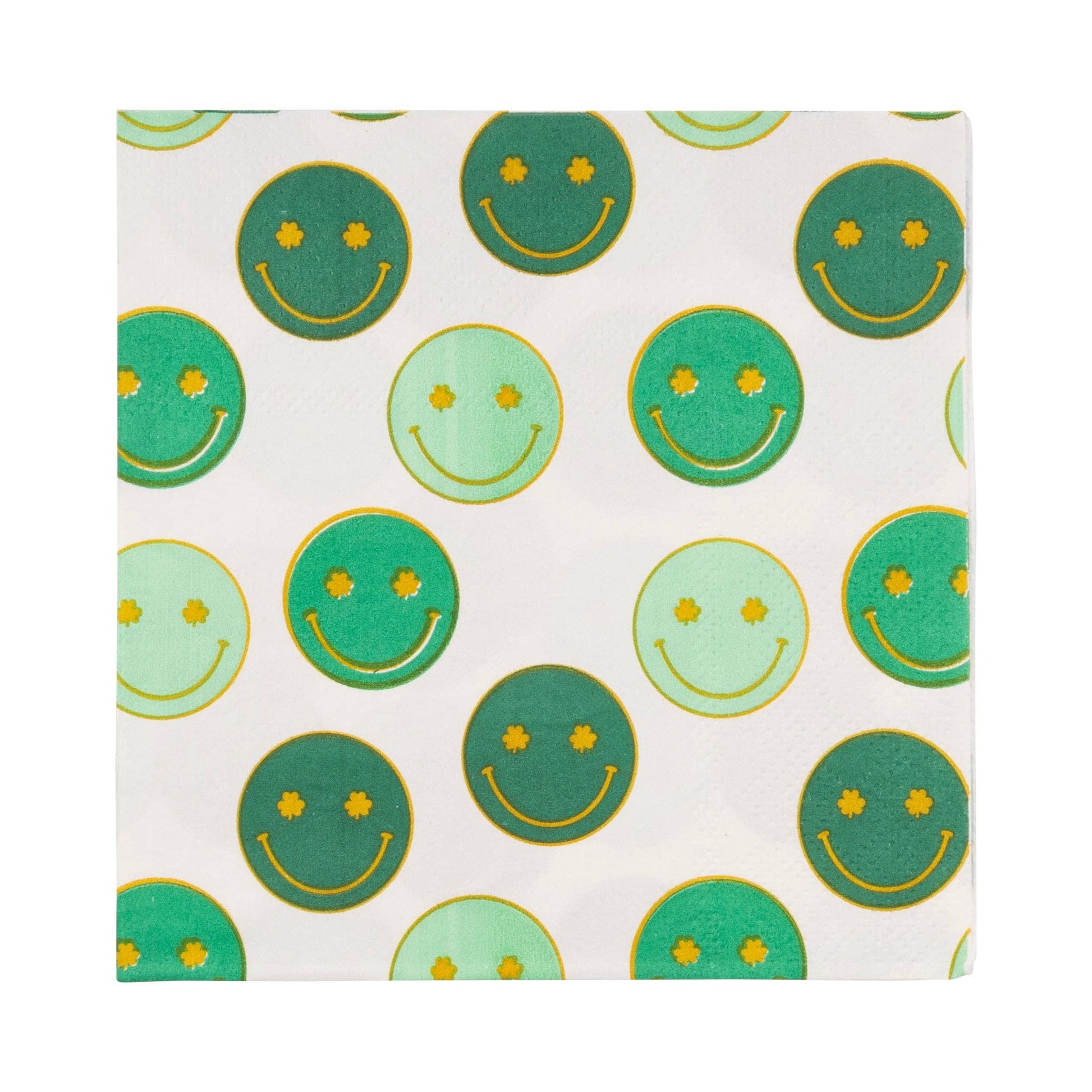 Set of 18 St. Patrick’s Day cocktail napkins – 5"x5" with gold foil smiling shamrocks, festive & fun!