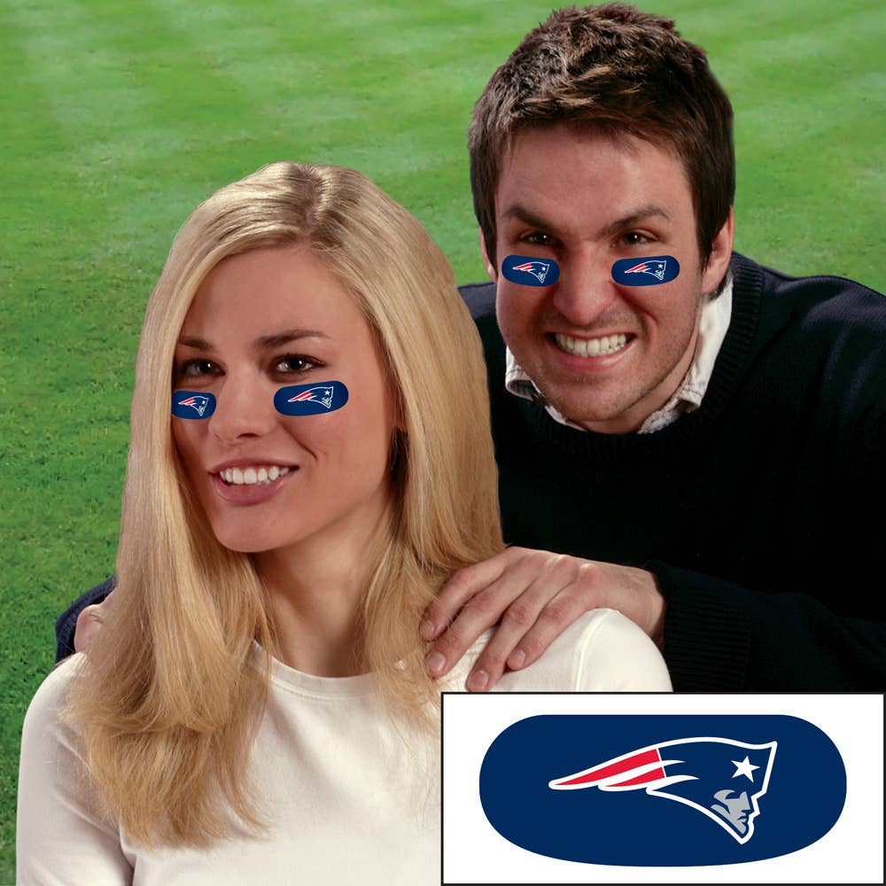 Removable adhesive NFL face decals with vinyl eye black strips and team logos, perfect for game day, tailgates, and parties.
