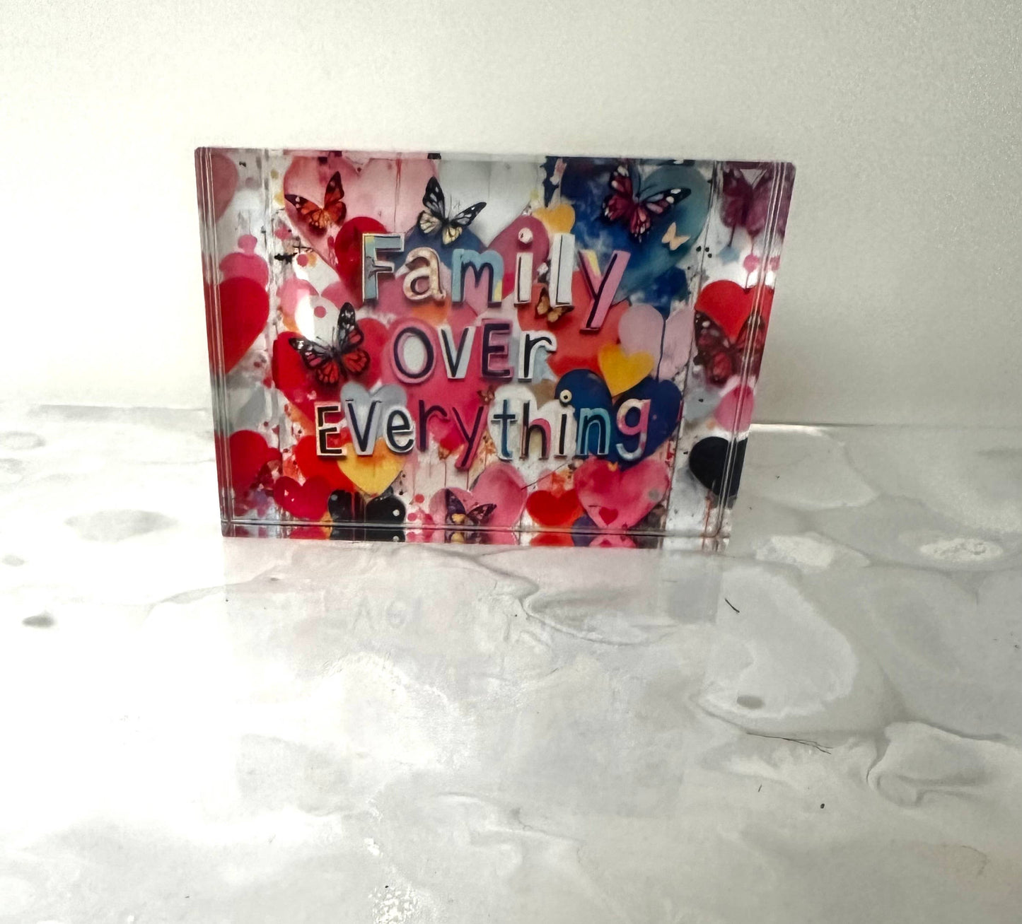 4x6 Crystal Acrylic Block – "Family Over Everything" sentimental home decor for shelf or nightstand.