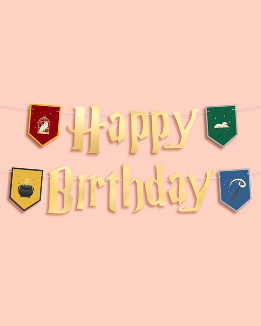 Wizard Birthday Banner - gold foil, kids Harry Potter 6.5 ft