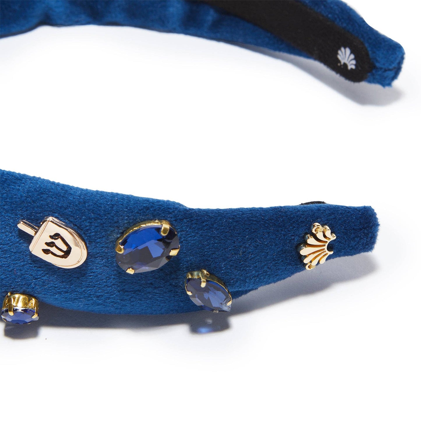 Indigo velvet kids' headband with 14k gold-plated dreidel charms and crystals, supporting Israel.