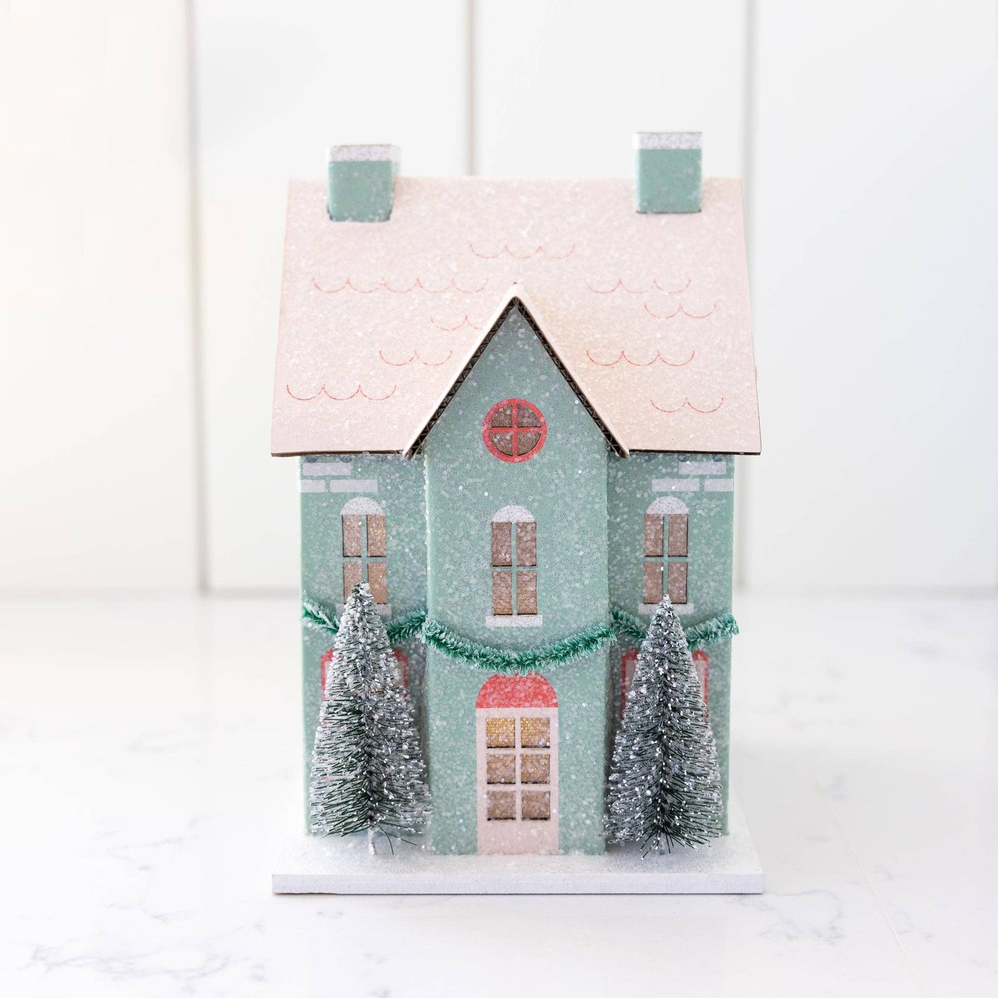 Cozy Christmas house decoration with battery-powered light, perfect for holiday tablescape, 4.5” x 6” size.