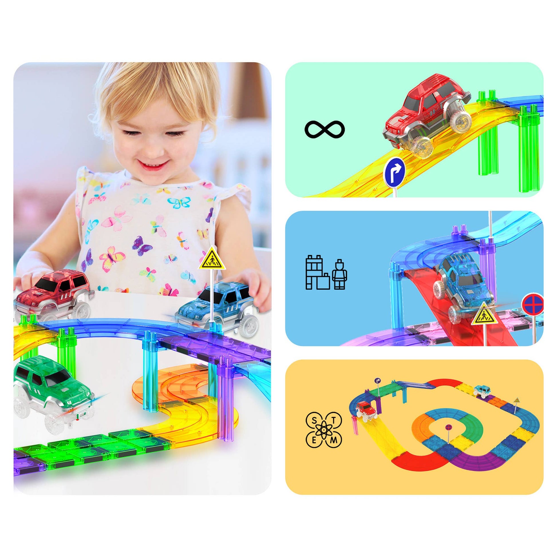 Battery-powered LED race cars for magnetic play