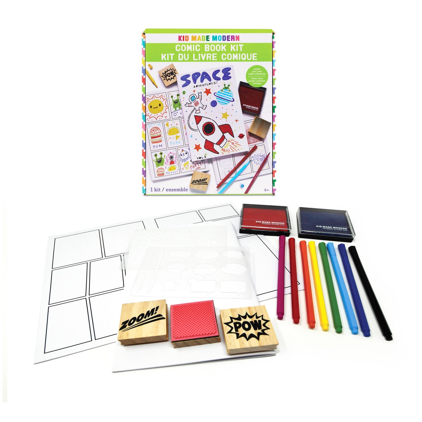 Comic book kit with markers, stencils, and stamps