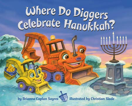 Diggers Celebrate Hanukkah" themed product featuring vibrant illustrations of cheerful diggers decorated with Hanukkah symbols like menorahs and dreidels. Set against a festive backdrop with twinkling stars, this charming item brings joy and creativity to Hanukkah celebrations, making it a perfect addition to family gatherings, classrooms, or community events. Crafted with high-quality materials, it blends the fun of construction vehicles with the warmth of tradition.