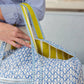 100% cotton Capri Blue duffel 17"x14"x8.5", washable travel weekender with chartreuse trim