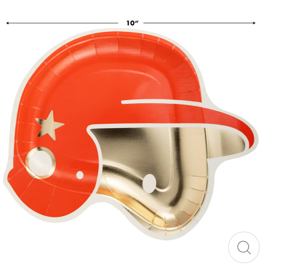 Set of 8 Baseball Helmet Paper Plates, 10" x 8.5", perfect for game day parties. Helmet-shaped design with gold foil accents adds a fun and playful touch for serving snacks, burgers, and more. Ideal for sports-themed events and baseball parties.