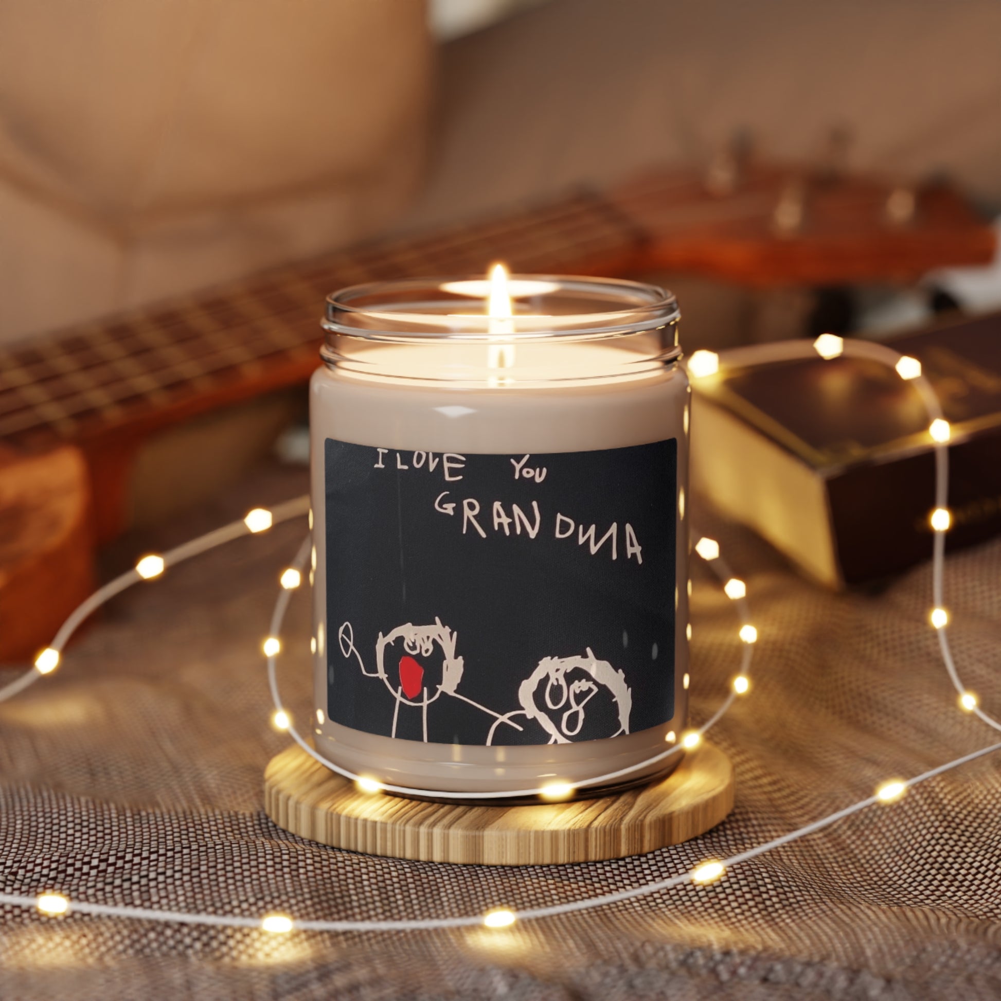 Customizable 9oz scented candle in a glass jar, made with 100% natural soy wax blend and featuring a 100% cotton wick. The candle includes a glossy permanent adhesive label for personalized artwork, available in various aromatic scents and has a burn time of 50-60 hours
