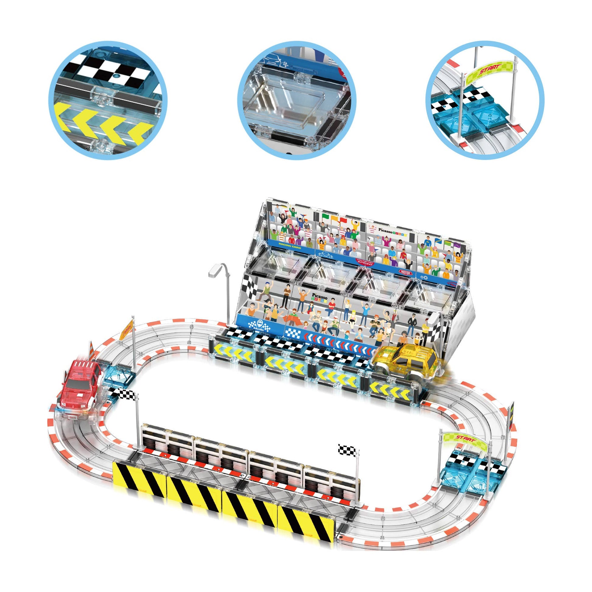 Stadium-style magnetic track compatible with PicassoTiles sets