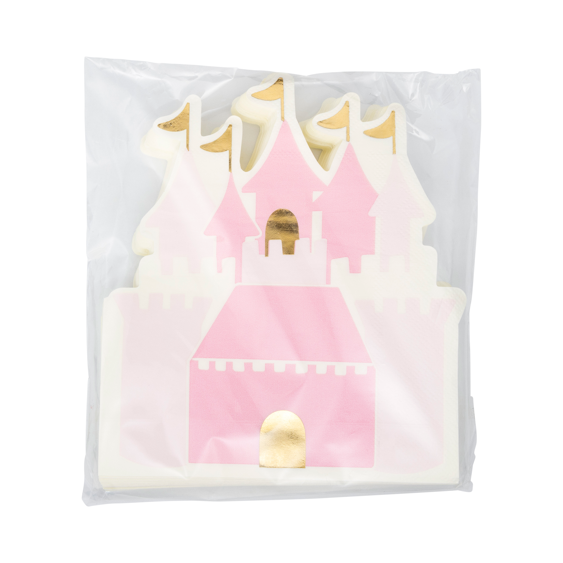 Princess castle-shaped guest napkins, measuring 6" x 7", featuring gold foil accents. Perfect for adding elegance and fun to any royal-themed event or party.