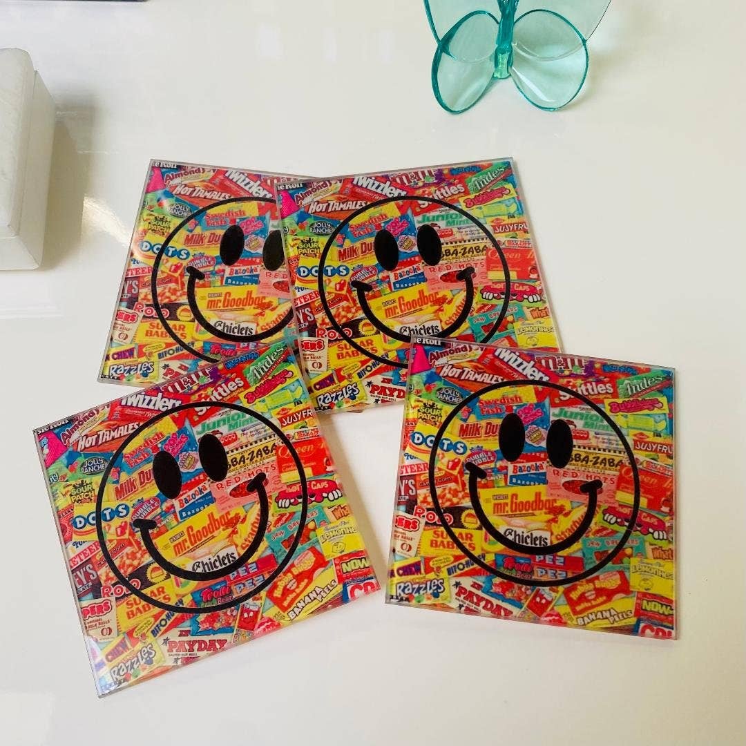 Happy Face Glass Coasters Set – 4" colorful coasters for drinks, perfect for protecting surfaces.