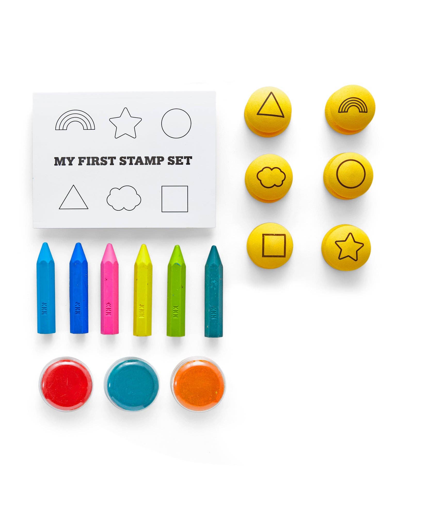 Close-up of washable ink pads and stamps for kids