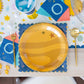 Gold foil space pattern square plates, 9 inches, 8-pack, perfect for space-themed celebrations.