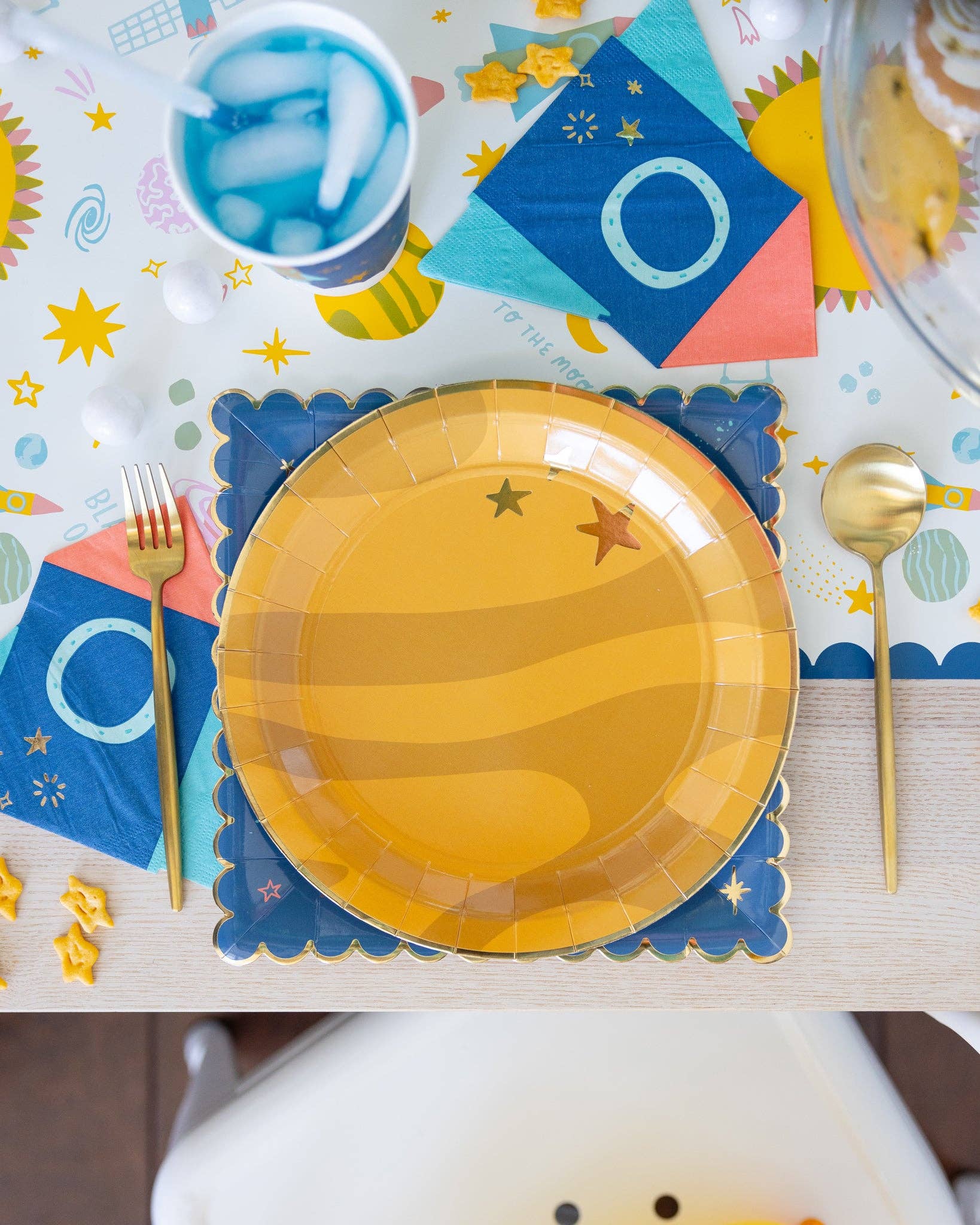 Fun rocket-shaped napkins, 5” with gold foil, 18 pack for space-themed birthday parties