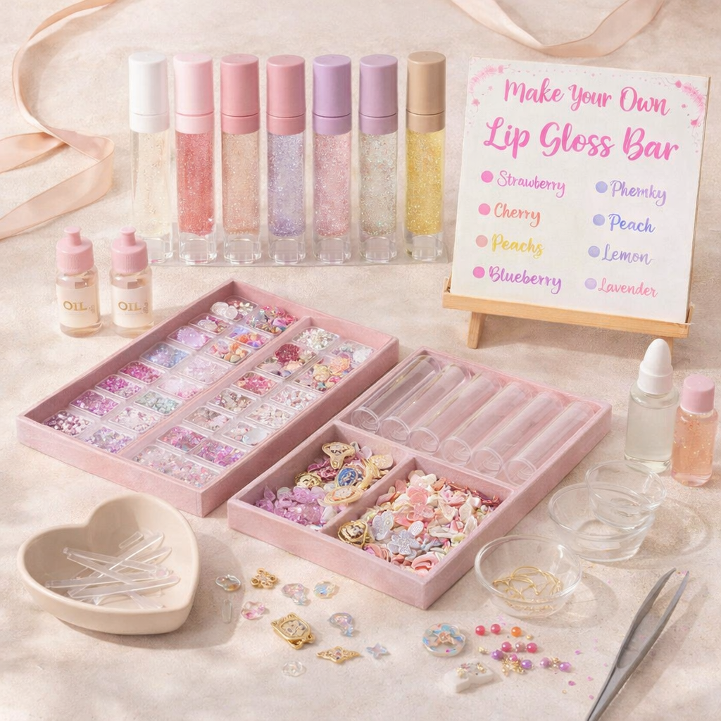 Make your own lip gloss bar kit with lip gloss containers, decorative items, and a sign on a light background.