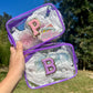 Personalized "All that Glitters" skincare pouch, perfect for storing skincare essentials. The pouch is customized with a name and favorite icons, making it an ideal party favor for pampering yourself or gifting to friends.