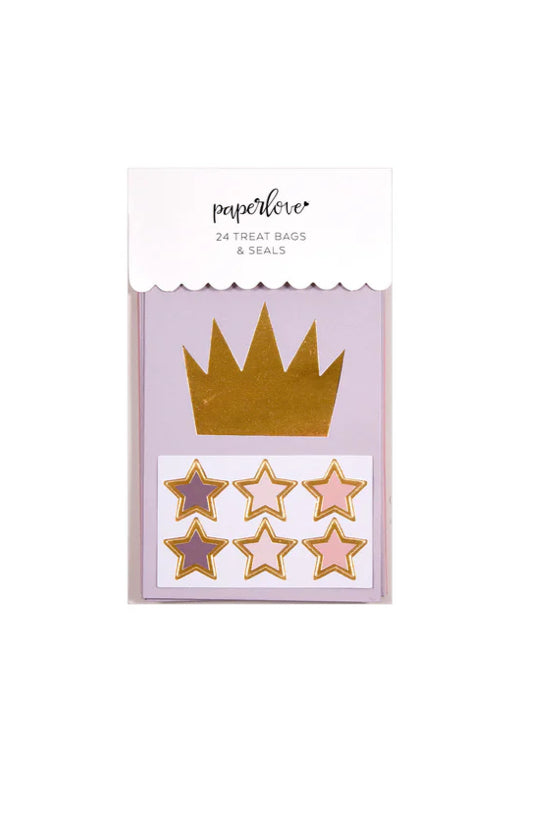 Princess-themed paper treat bags in blush, pale pink, and lavender, each featuring a gold-foiled crown. Includes 24 bags with 24 gold-accented star sticker seals. Perfect for princess parties, ladies night out, or bunco party favors. Excitement guaranteed!"