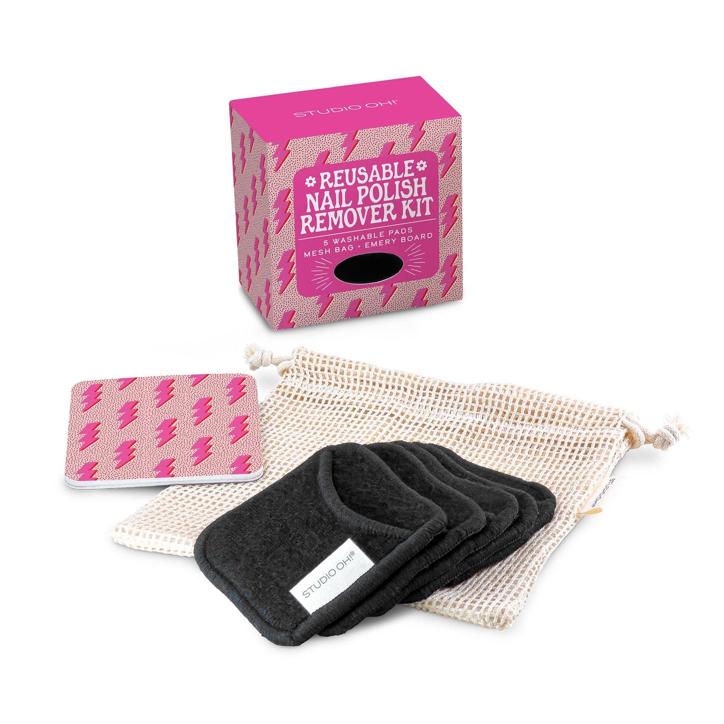 Reusable nail polish remover pads in cotton mesh storage bag for easy washing