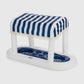 FUNBOY Floating Cabana Bar measuring nearly 6ft long, perfect for outdoor entertainers and summer parties. This inflatable drink station features a navy blue and white cabana stripe fabric sun shade that helps keep drinks and ice cold. With dual circular drink holders for ice or beverages and four additional cup holders, it’s ideal for mixing cocktails in the pool or setting up a pop-up drink station on a table.