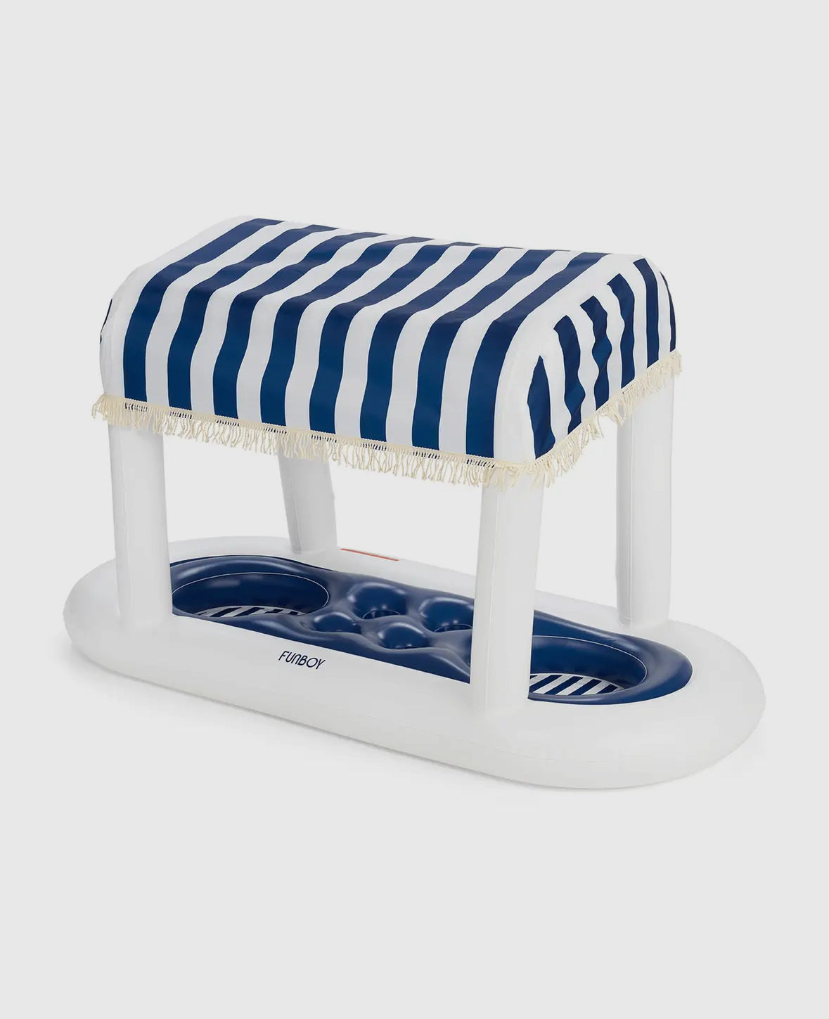 FUNBOY Floating Cabana Bar measuring nearly 6ft long, perfect for outdoor entertainers and summer parties. This inflatable drink station features a navy blue and white cabana stripe fabric sun shade that helps keep drinks and ice cold. With dual circular drink holders for ice or beverages and four additional cup holders, it’s ideal for mixing cocktails in the pool or setting up a pop-up drink station on a table.