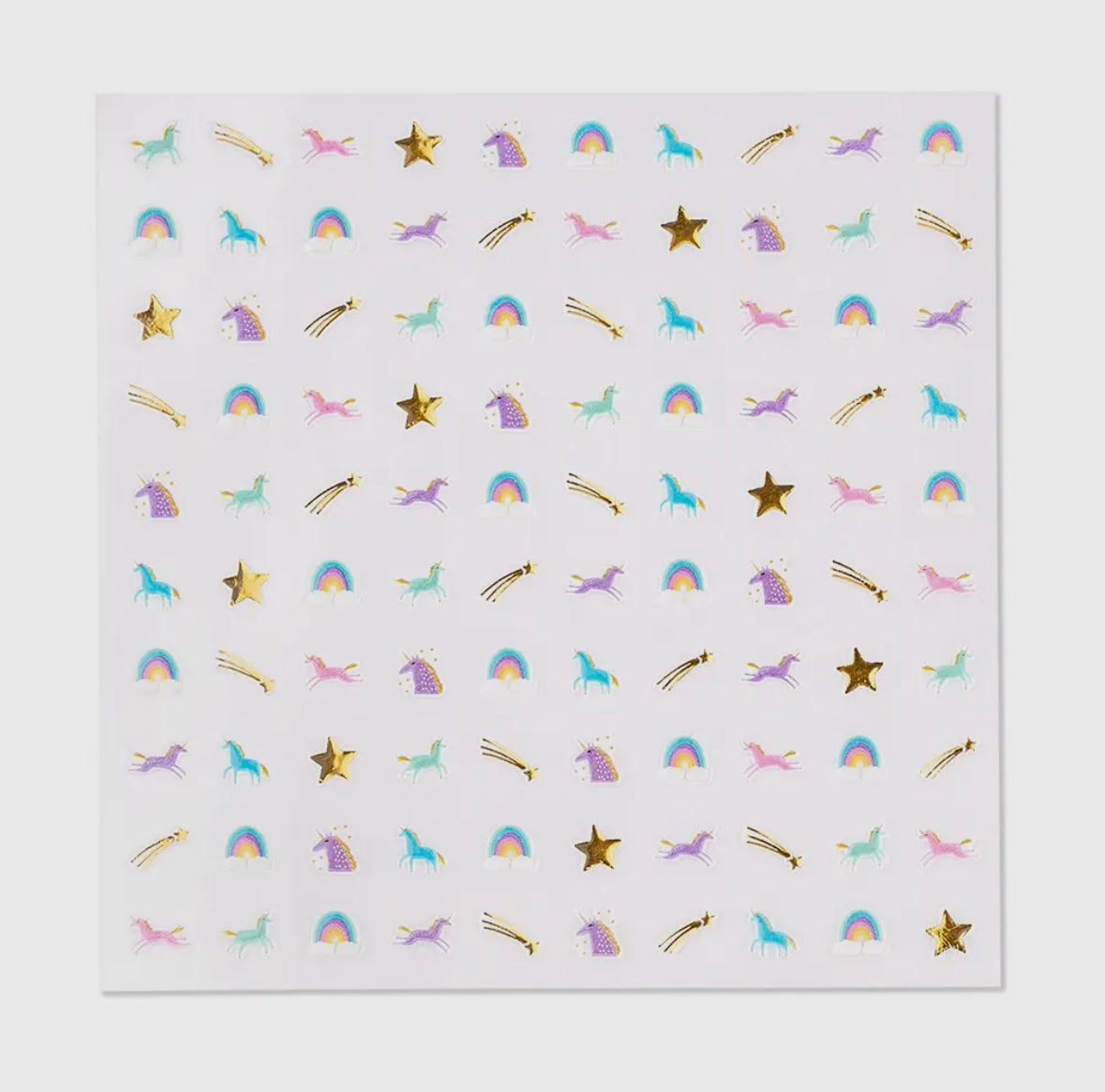 Unicorn and rainbow-themed press-on nail stickers, illustrated by Hello!Lucky for Daydream Society. Includes 1 sheet of 100 safe, non-toxic stickers. Packaged in a card stock envelope for easy use and magical nail transformations.