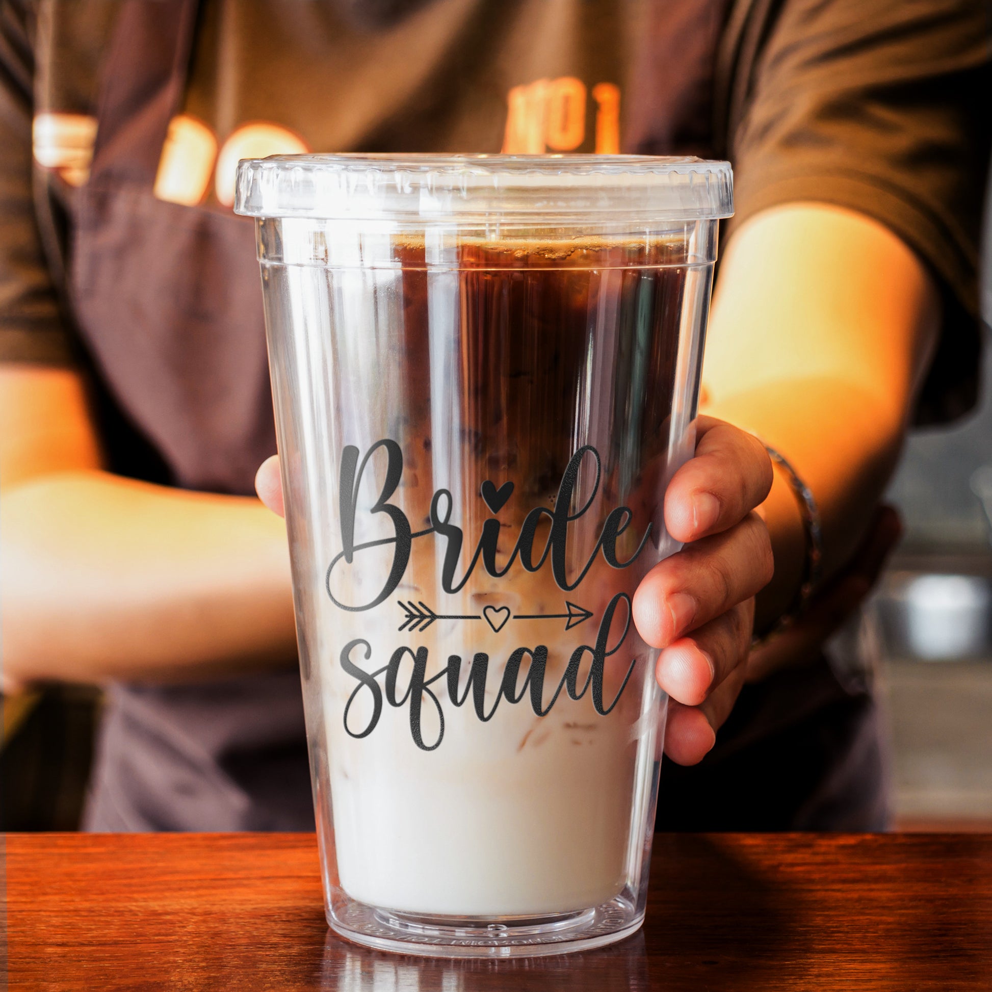 Bride Squad acrylic tumbler with double-wall construction, featuring a secure screw-on lid and straw. Perfect for pre-wedding festivities, this BPA-free cup keeps drinks cold or hot while adding style to any bride tribe celebration.