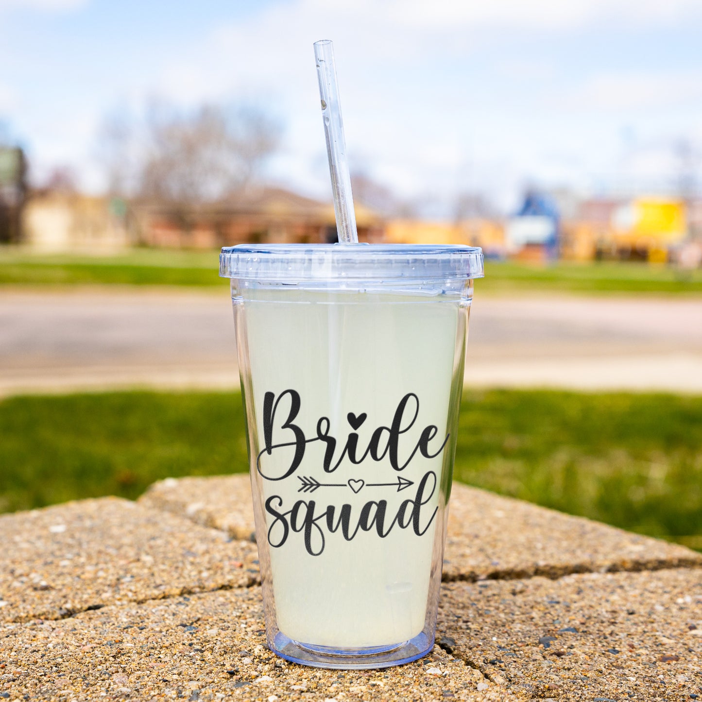 Bride Squad acrylic tumbler with double-wall construction, featuring a secure screw-on lid and straw. Perfect for pre-wedding festivities, this BPA-free cup keeps drinks cold or hot while adding style to any bride tribe celebration.