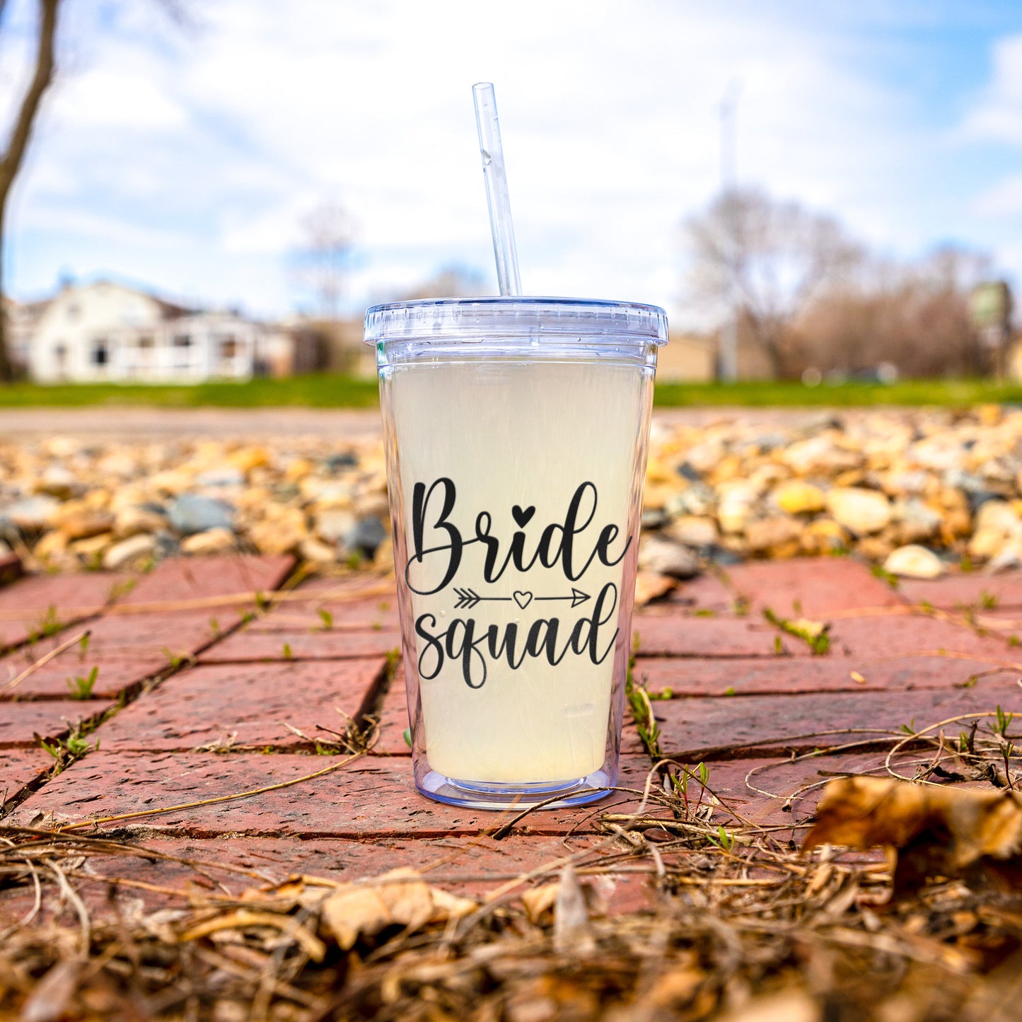 Bride Squad acrylic tumbler with double-wall construction, featuring a secure screw-on lid and straw. Perfect for pre-wedding festivities, this BPA-free cup keeps drinks cold or hot while adding style to any bride tribe celebration.