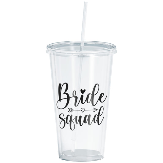 Bride Squad acrylic tumbler with double-wall construction, featuring a secure screw-on lid and straw. Perfect for pre-wedding festivities, this BPA-free cup keeps drinks cold or hot while adding style to any bride tribe celebration.